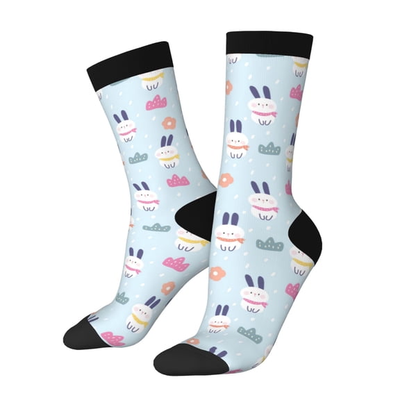 Gukieu Rabbit In The Rain Print Contrast Color Mid-calf Socks, Sweat-wicking Athletic Socks, Unisex Clothing Accessories