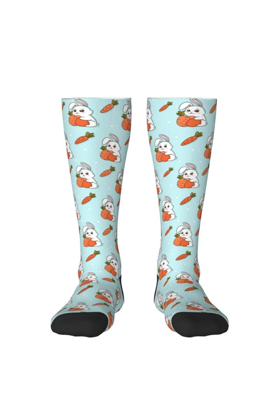 Rabbit Is Eating Carrots Print Contrast Color Stockings, Elastic Sports Socks Warm Socks Clothing Accessories, Adult Unisex