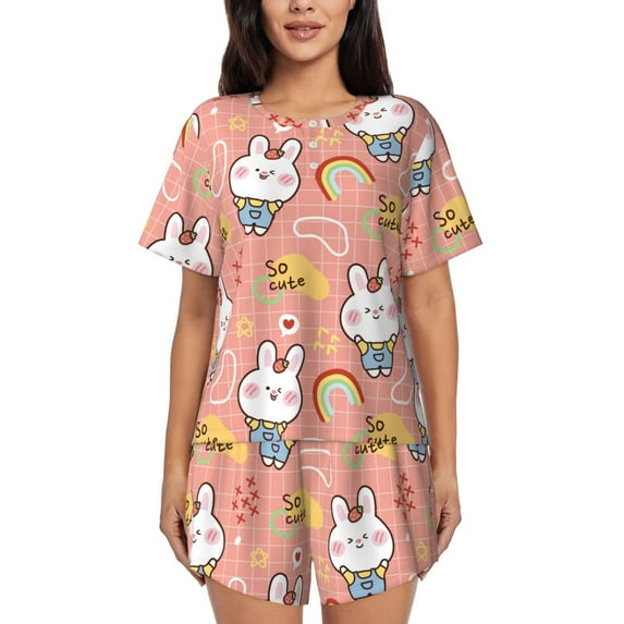 Gukieu Rabbit So Cute Print Women's Short-sleeved Pajama Set, Round Neck Button Top Elastic Shorts 2-piece Set, Summer Home Leisure Clothing-XX-Large