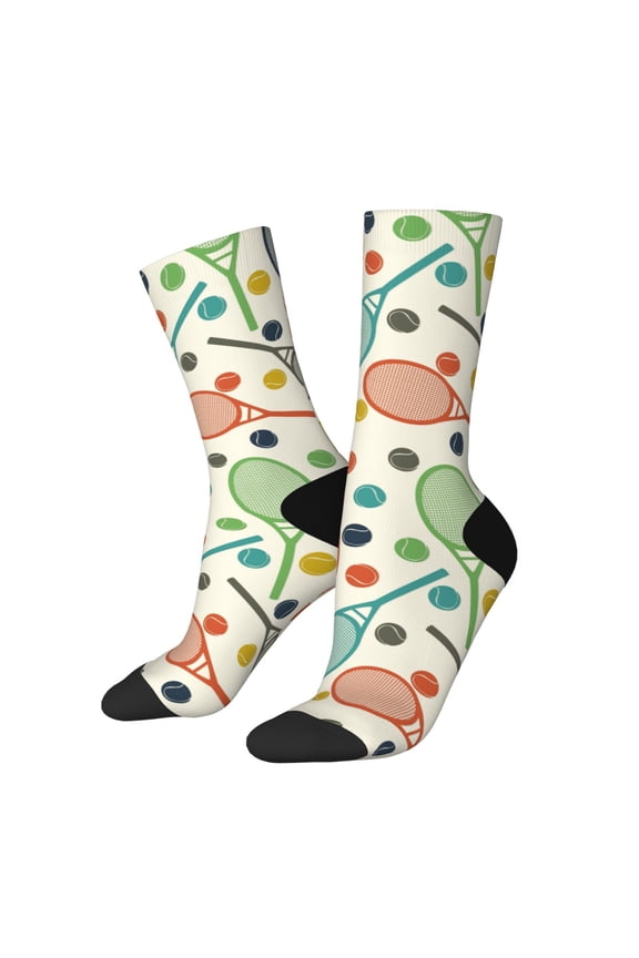 Racket and Tennis Ball Print Contrast Color Mid-calf Socks, Sweat-wicking Athletic Socks, Unisex Clothing Accessories