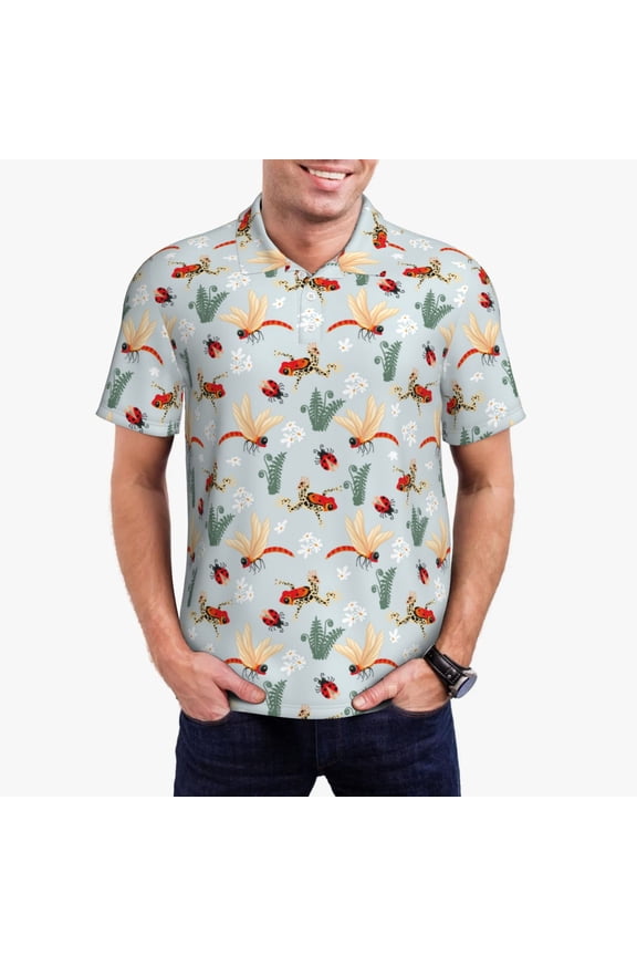 Ragonfly And Ladybug Print Men's Quick-drying POLO Shirt, Button-down Summer T-shirt, Suitable for Work and Outdoor Activities-Small