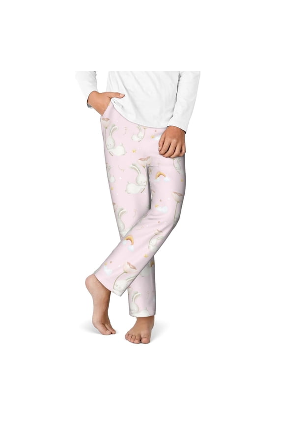 Rainboe And Rabbit Print Youth Home Trousers, Elastic Waistband with Pockets for Home and Outing, Suitable for Children Aged 5-16-Small