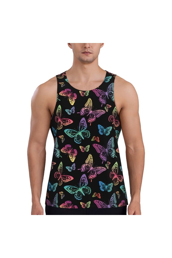 Rainbow Butterflies Print Men's Quick Dry Fitness Vest, Round Neck Sleeveless Fitness Bodybuilding Top-Large