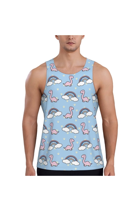 Rainbow Dinosaur Print Men's Quick Dry Fitness Vest, Round Neck Sleeveless Fitness Bodybuilding Top-Medium