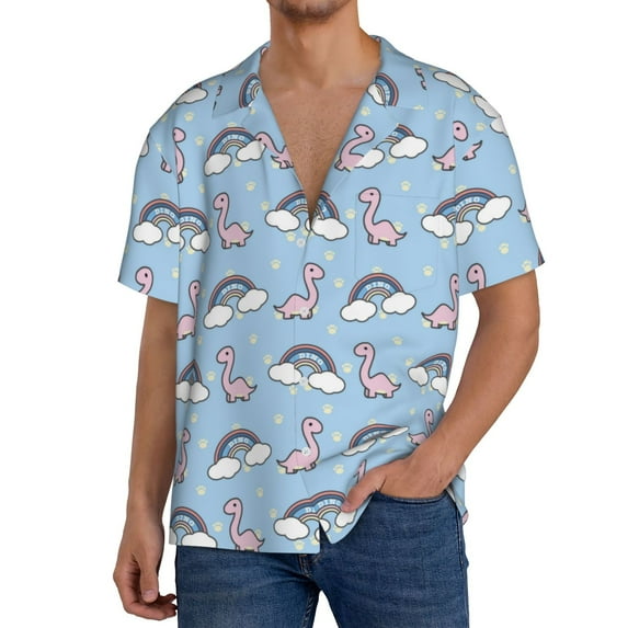 Gukieu Rainbow Dinosaur Print Men's Short-sleeved Shirts, Button-down Pocket Shirts, T-shirts, Beach Vacation Travel Summer Clothing-3X-Large
