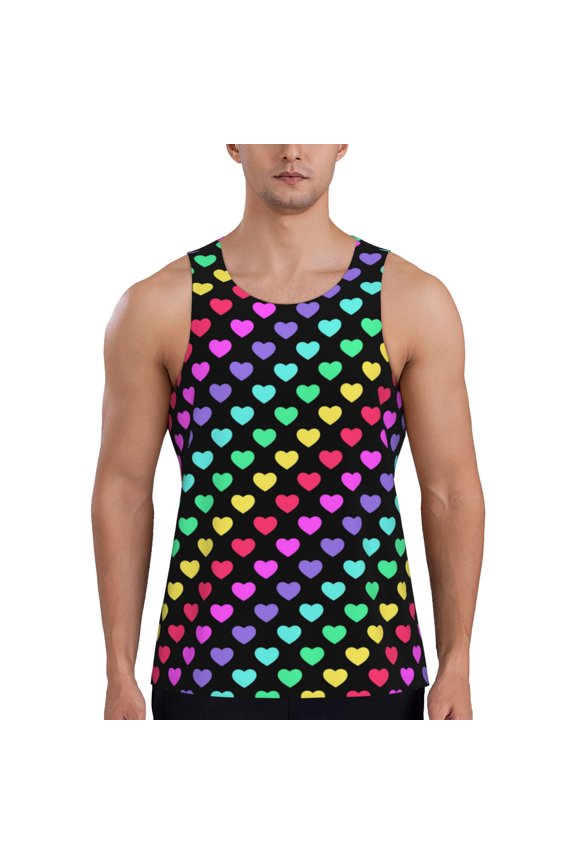 Rainbow Hearts Print Men's Quick Dry Fitness Vest, Round Neck Sleeveless Fitness Bodybuilding Top-4X-Large