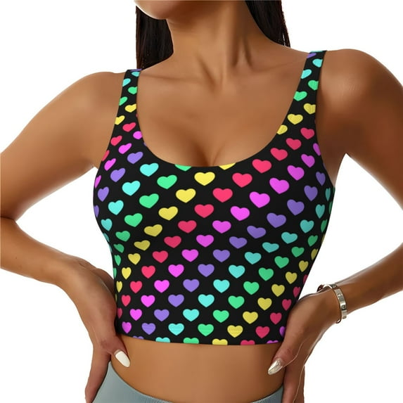Gukieu Rainbow Hearts Print Women's Sports Vest, Low-neck U-shaped Removable Pad Sports Bra for Yoga, Exercise, Dance-Large