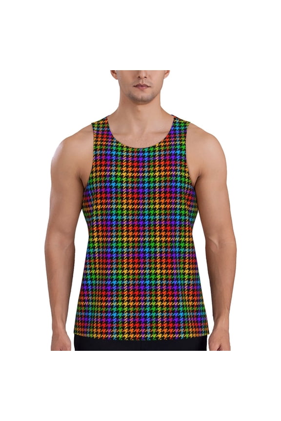 Rainbow Houndstooth Print Men's Quick Dry Fitness Vest, Round Neck Sleeveless Fitness Bodybuilding Top-3X-Large