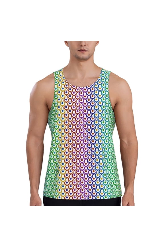 Rainbow Peacock Feathers Print Men's Quick Dry Fitness Vest, Round Neck Sleeveless Fitness Bodybuilding Top-4X-Large