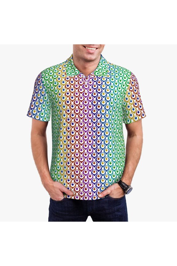 Rainbow Peacock Feathers Print Men's Quick-drying POLO Shirt, Button-down Summer T-shirt, Suitable for Work and Outdoor Activities-Medium