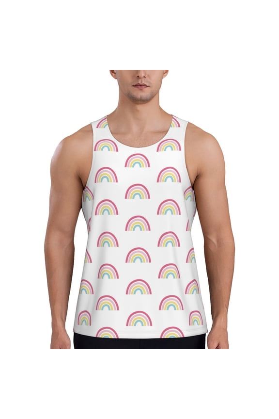 Rainbow Print Men's Quick Dry Fitness Vest, Round Neck Sleeveless Fitness Bodybuilding Top-Large