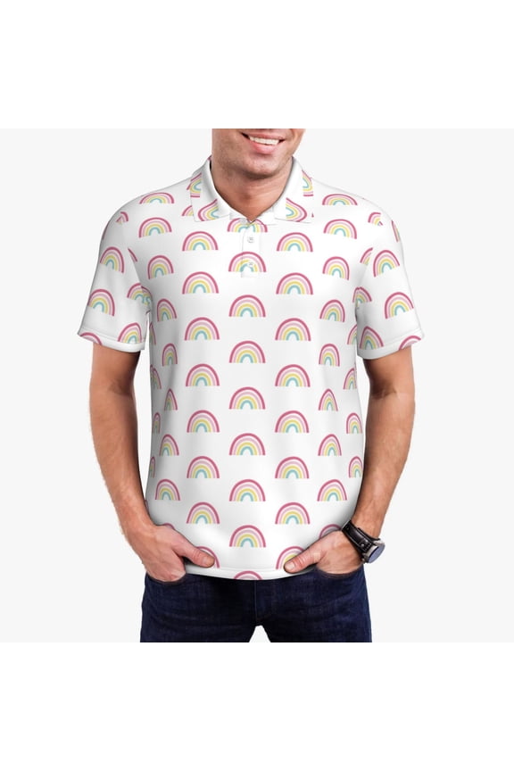Rainbow Print Men's Quick-drying POLO Shirt, Button-down Summer T-shirt, Suitable for Work and Outdoor Activities-Medium