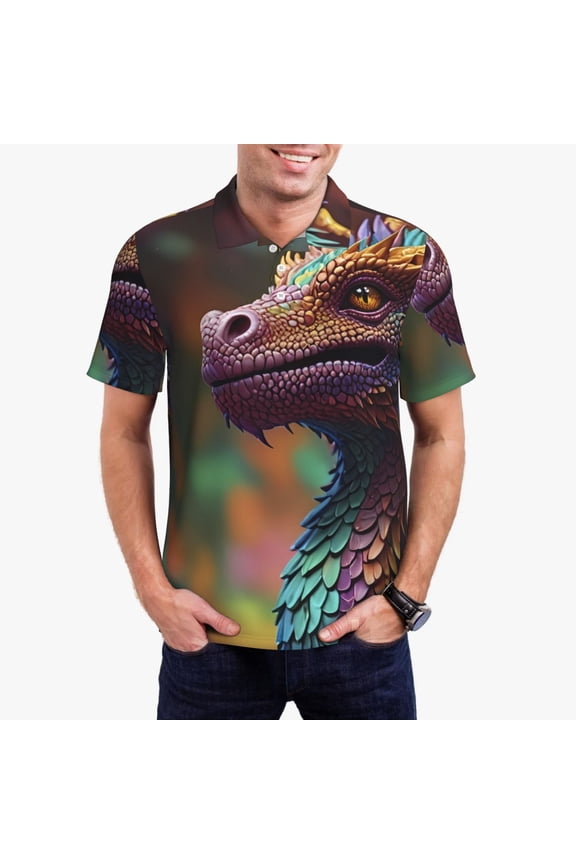 Rainbow Scales Fantasy Dragon Print Men's Quick-drying POLO Shirt, Button-down Summer T-shirt, Suitable for Work and Outdoor Activities-X-Large