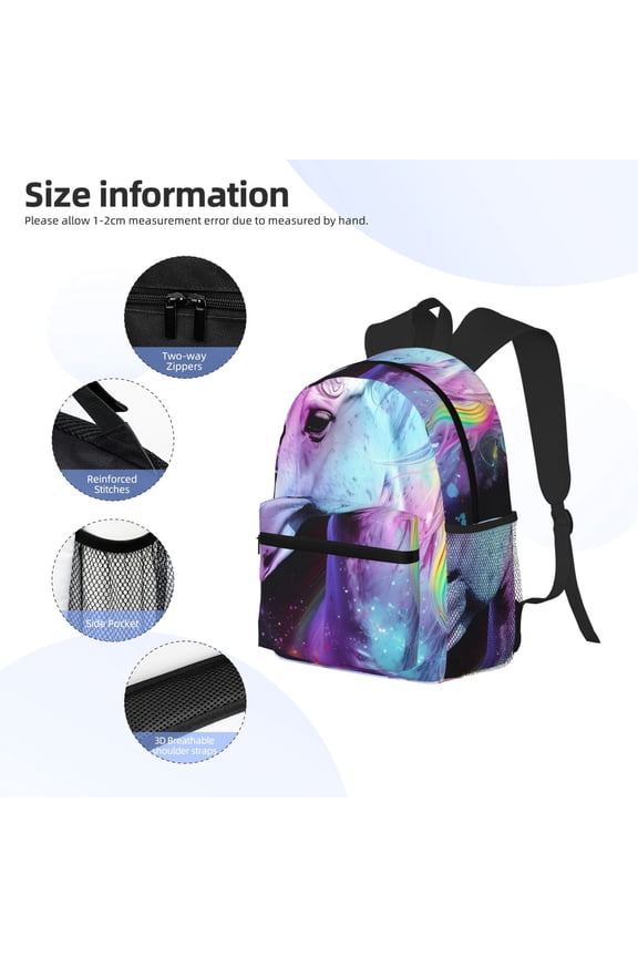 Rainbow Spotted White Horse Print Backpack, Waterproof Backpack with Adjustable Shoulder Straps, Suitable for Campus, Business, Travel, Unisex