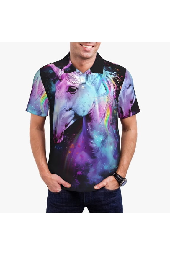 Rainbow Spotted White Horse Print Men's Quick-drying POLO Shirt, Button-down Summer T-shirt, Suitable for Work and Outdoor Activities-4X-Large