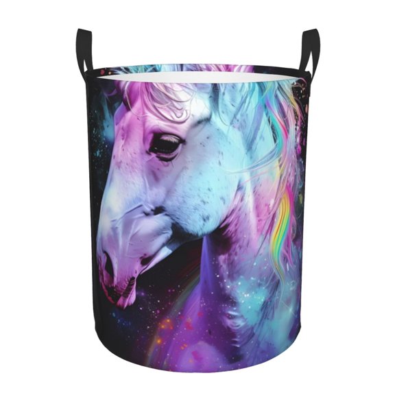 Gukieu Rainbow Spotted White Horse Print Round Dirty Clothes Bag, Waterproof Standing Home Bathroom Storage Basket Car Trunk Storage Bag-Small