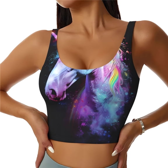 Gukieu Rainbow Spotted White Horse Print Women's Sports Vest, Low-neck U-shaped Removable Pad Sports Bra for Yoga, Exercise, Dance-X-Large