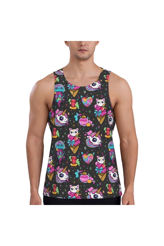 Rainbow Unicorn And Cat Icecream Print Men's Quick Dry Fitness Vest, Round Neck Sleeveless Fitness Bodybuilding Top-Large