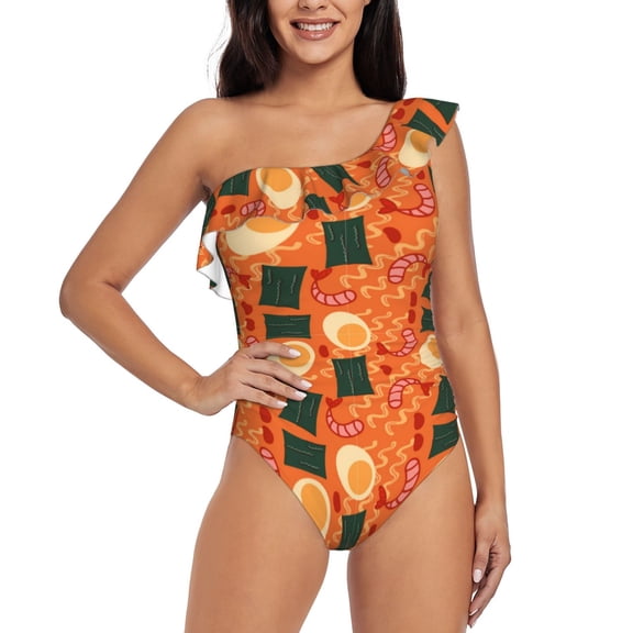Gukieu Ramen Noodle Soup Print One-shoulder Ruffled One-piece Swimsuit with Removable Chest Pads and Tummy-control Swimsuit for Women-Medium