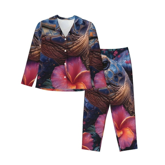 Gukieu Realistic Flower Turtle Print Women's Long Sleeve Pajama Set, Button Top Elastic Pocket Pajama Pants Two Piece Set Home Wear-Large