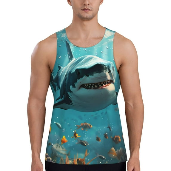Gukieu Realistic Ocean Shark Print Men's Quick Dry Fitness Vest, Round Neck Sleeveless Fitness Bodybuilding Top-X-Large