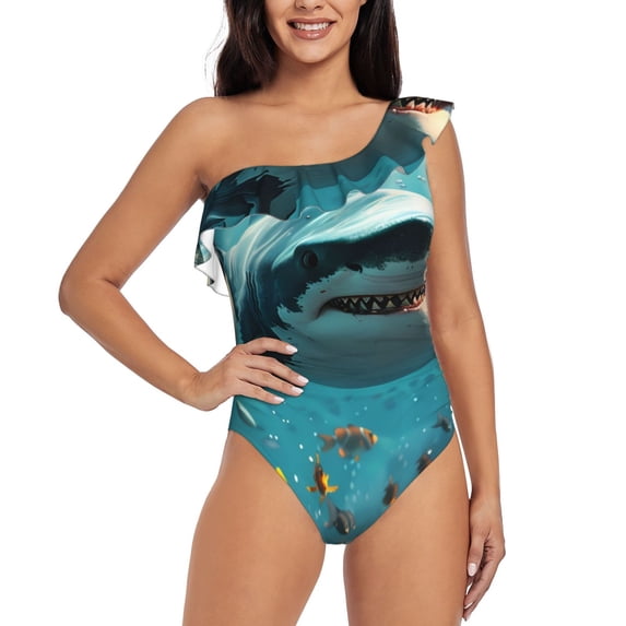 Gukieu Realistic Ocean Shark Print One-shoulder Ruffled One-piece Swimsuit with Removable Chest Pads and Tummy-control Swimsuit for Women-XX-Large