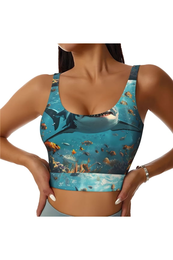Realistic Ocean Shark Print Women's Sports Vest, Low-neck U-shaped Removable Pad Sports Bra for Yoga, Exercise, Dance-Large