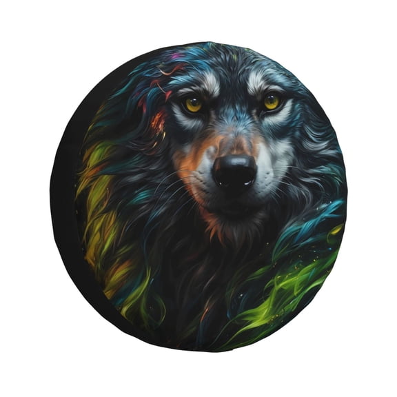 Gukieu Realistic Style Green Fur Wolf Print Car Tire Cover, Adjustable Waterproof and Dustproof Tire Protection Cover, Suitable for SUV, Truck, Van-14 inch