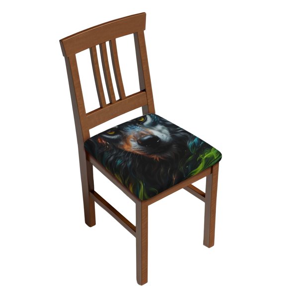 Gukieu Realistic Style Green Fur Wolf Print Square Cushion Cover, Elastic Strap Chair Protector, Suitable for Family Restaurant, Hotel Banquet Decorations-Two Pieces