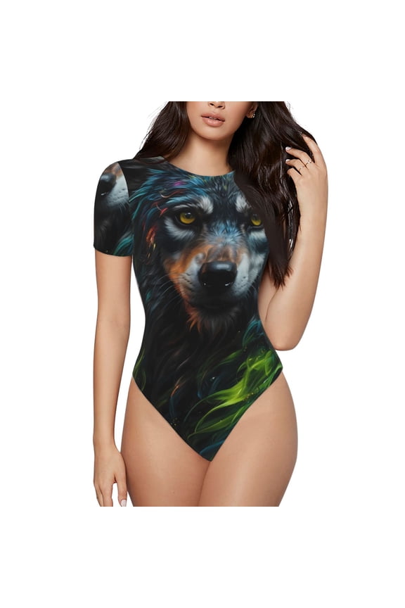 Realistic Style Green Fur Wolf Print Women's Short Sleeve Bodysuit, Round Neck Snap-on Bodysuit, Suitable for Adult Women-