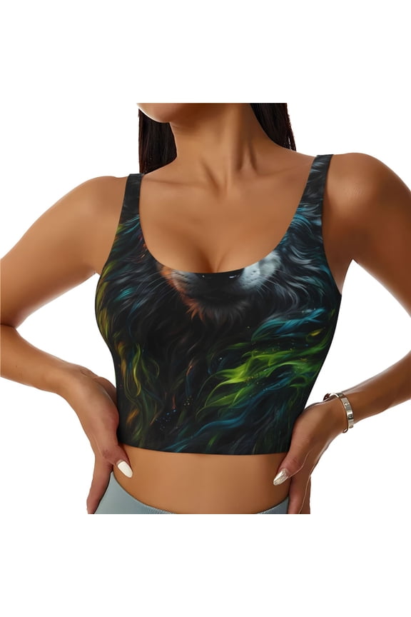 Realistic Style Green Fur Wolf Print Women's Sports Vest, Low-neck U-shaped Removable Pad Sports Bra for Yoga, Exercise, Dance-X-Large