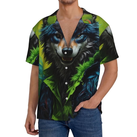 Gukieu Realistic Style Wolf Warrior Print Men's Short-sleeved Shirts, Button-down Pocket Shirts, T-shirts, Beach Vacation Travel Summer Clothing-4X-Large