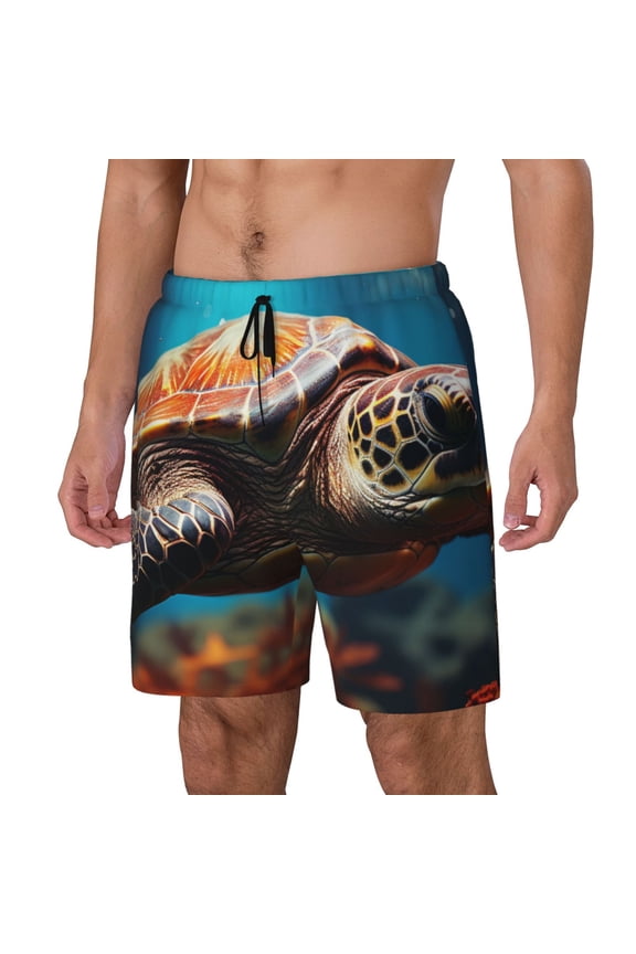 Realistic Turtle Print Men's Double Layer Sports Swim Trunks, Quick Dry Adjustable Waist Swim Shorts Swimwear-Medium