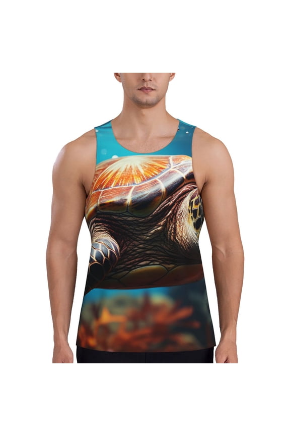 Realistic Turtle Print Men's Quick Dry Fitness Vest, Round Neck Sleeveless Fitness Bodybuilding Top-3X-Large