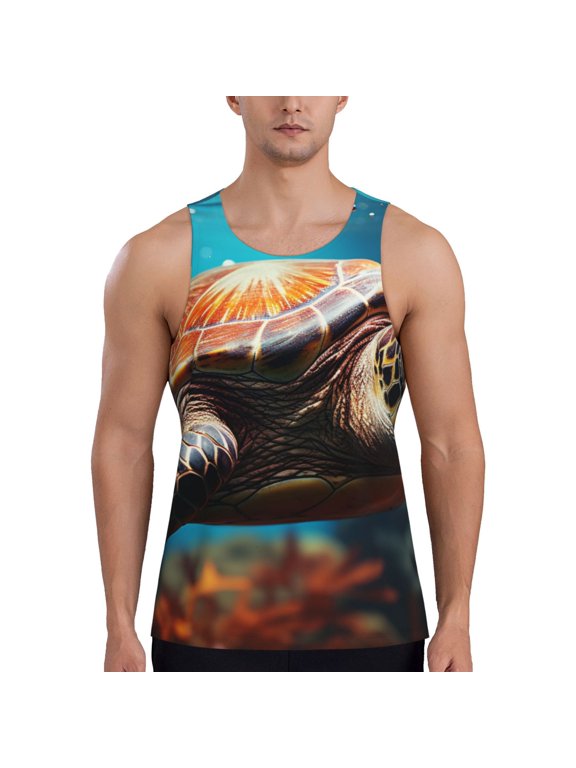 Realistic Turtle Print Men's Quick Dry Fitness Vest, Round Neck Sleeveless Fitness Bodybuilding Top-Medium