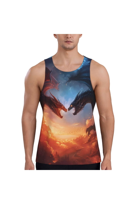 Red And Blue Fire Cloud Dragon Print Men's Quick Dry Fitness Vest, Round Neck Sleeveless Fitness Bodybuilding Top-Large
