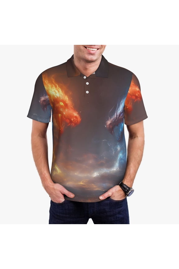 Red And Blue Fire Dragon D Print Men's Quick-drying POLO Shirt, Button-down Summer T-shirt, Suitable for Work and Outdoor Activities-Medium