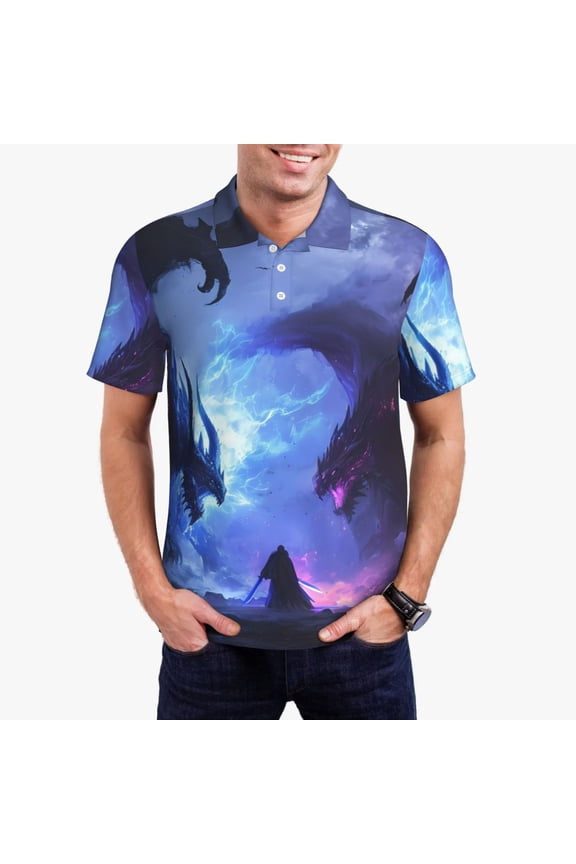 Red And Blue Fire Dragon Print Men's Quick-drying POLO Shirt, Button-down Summer T-shirt, Suitable for Work and Outdoor Activities-Medium