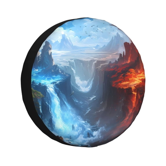 Gukieu Red And Blue Fire Mountains Print Car Tire Cover, Adjustable Waterproof and Dustproof Tire Protection Cover, Suitable for SUV, Truck, Van-17 inch