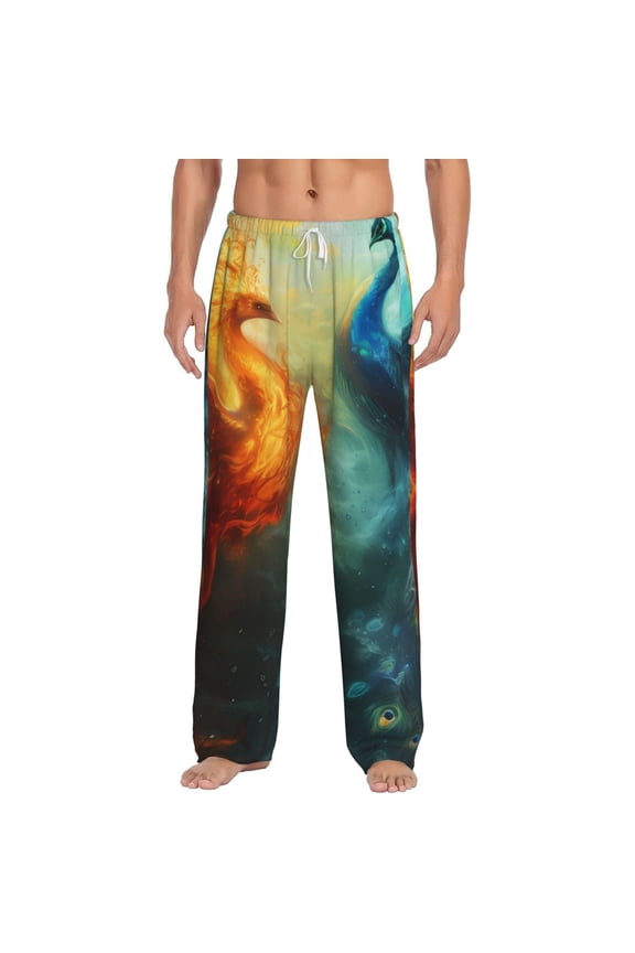 Red And Blue Fire Peacock Print Men's Home Trousers, Elastic Drawstring Home Pajamas Clothing Suitable for Adult Men-Large