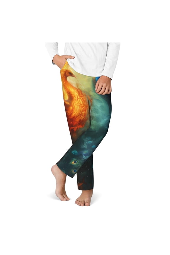 Red And Blue Fire Peacock Print Youth Home Trousers, Elastic Waistband with Pockets for Home and Outing, Suitable for Children Aged 5-16-Small