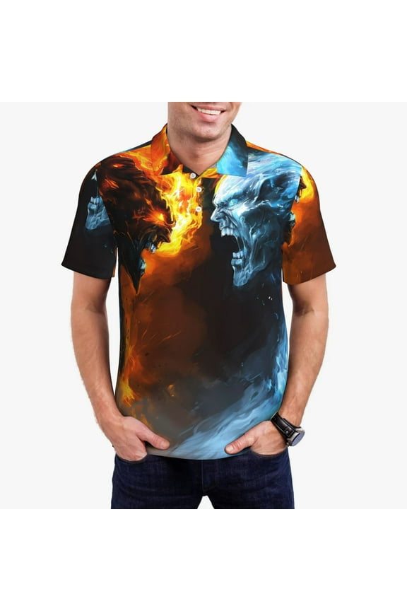 Red And Blue Fire Skull Warrior Print Men's Quick-drying POLO Shirt, Button-down Summer T-shirt, Suitable for Work and Outdoor Activities-Small