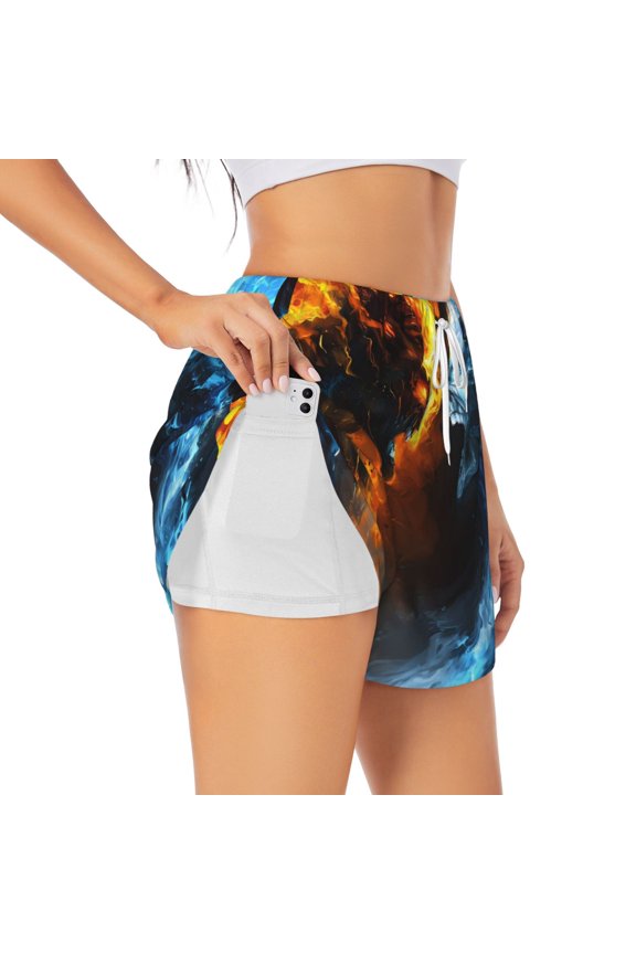 Red And Blue Fire Skull Warrior Print Women's Sports Shorts with Drawstring Elastic Waistband for Running, Yoga, Fitness-XX-Large