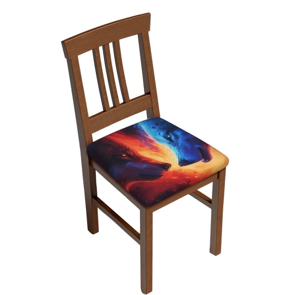 Gukieu Red And Blue Fire Wolf Print Square Cushion Cover, Elastic Strap Chair Protector, Suitable for Family Restaurant, Hotel Banquet Decorations-Two Pieces