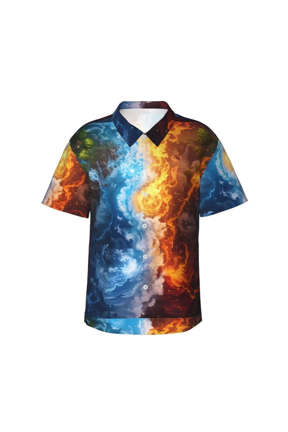 Red And Blue Flame Waves Print Men's Short-sleeved Shirts, Button-down Lapel Hawaiian Shirts, T-shirts, Beach Vacation Summer Casual Wear,3X-Large