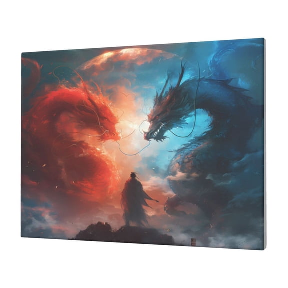 Gukieu Red And Blue Sky Dragon Print Horizontal Canvas Decorative Painting 12x16 Inch Shrinkage Resistant Frame Hanging Home Wall Art Decor