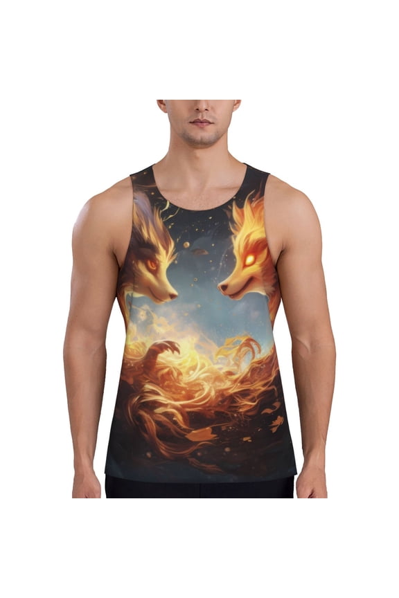 Red And Gray Flame Fox Print Men's Quick Dry Fitness Vest, Round Neck Sleeveless Fitness Bodybuilding Top-Medium