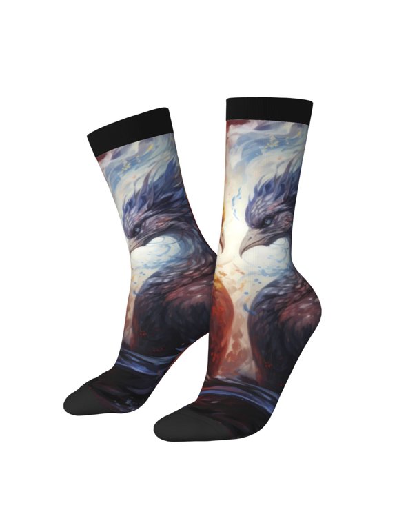 Red And White Fire Bird Print Contrast Color Mid-calf Socks, Sweat-wicking Athletic Socks, Unisex Clothing Accessories