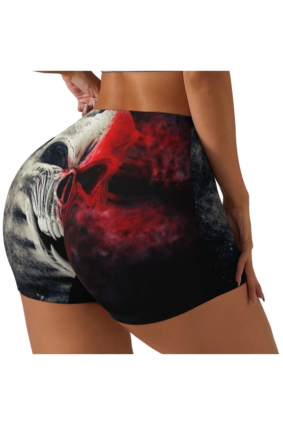 Red And White Screaming Demon Skull Print Women's Sports Shorts, Elastic Waist High Stretch Running Yoga Gym Sweatpants-Large