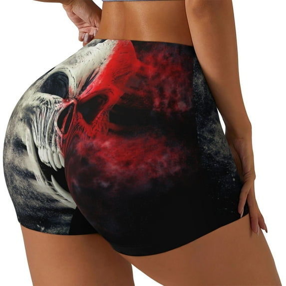 Gukieu Red And White Screaming Demon Skull Print Women's Sports Shorts, Elastic Waist High Stretch Running Yoga Gym Sweatpants-X-Large